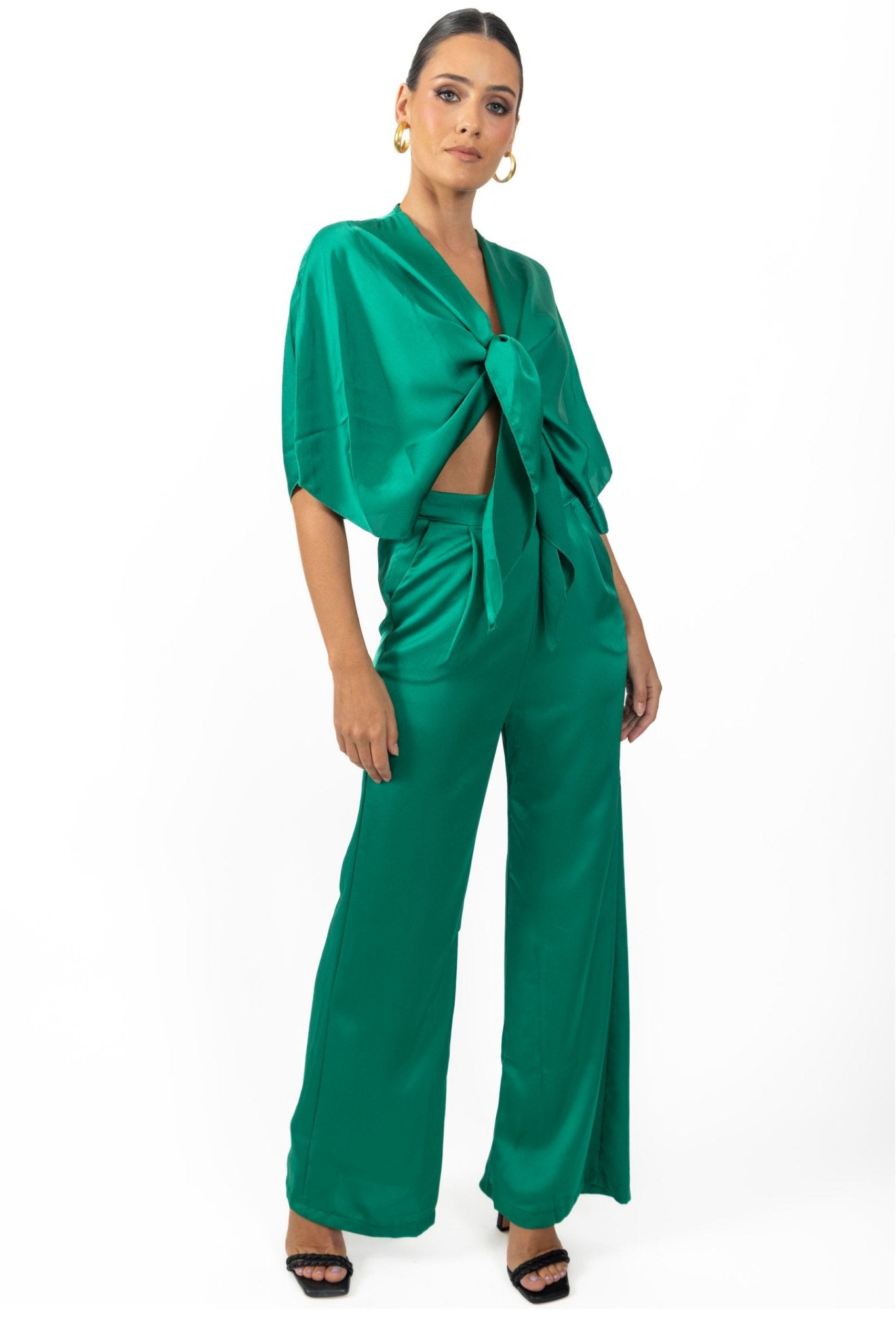 Athena Women's Silky Tie Front Top In Green - Akalia