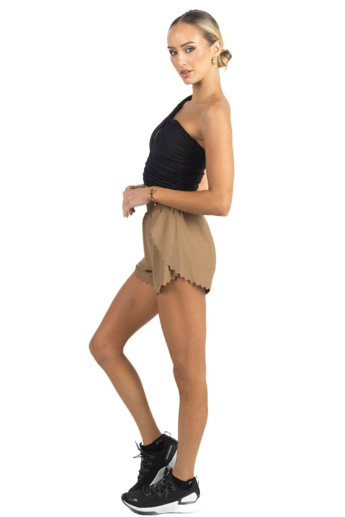Chloe Romantic Scalloped Detailing Shorts in Soft Brown - Akalia