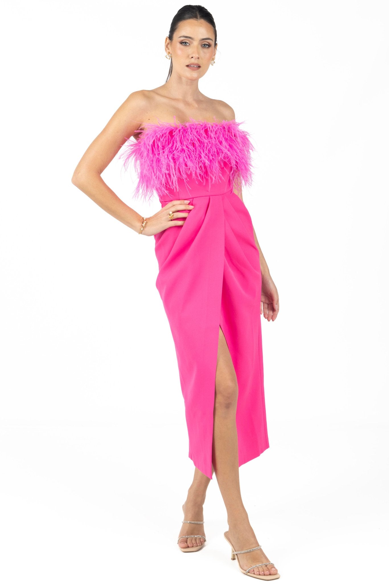 Clarissa Feather Midi Dress Pink - Akalia