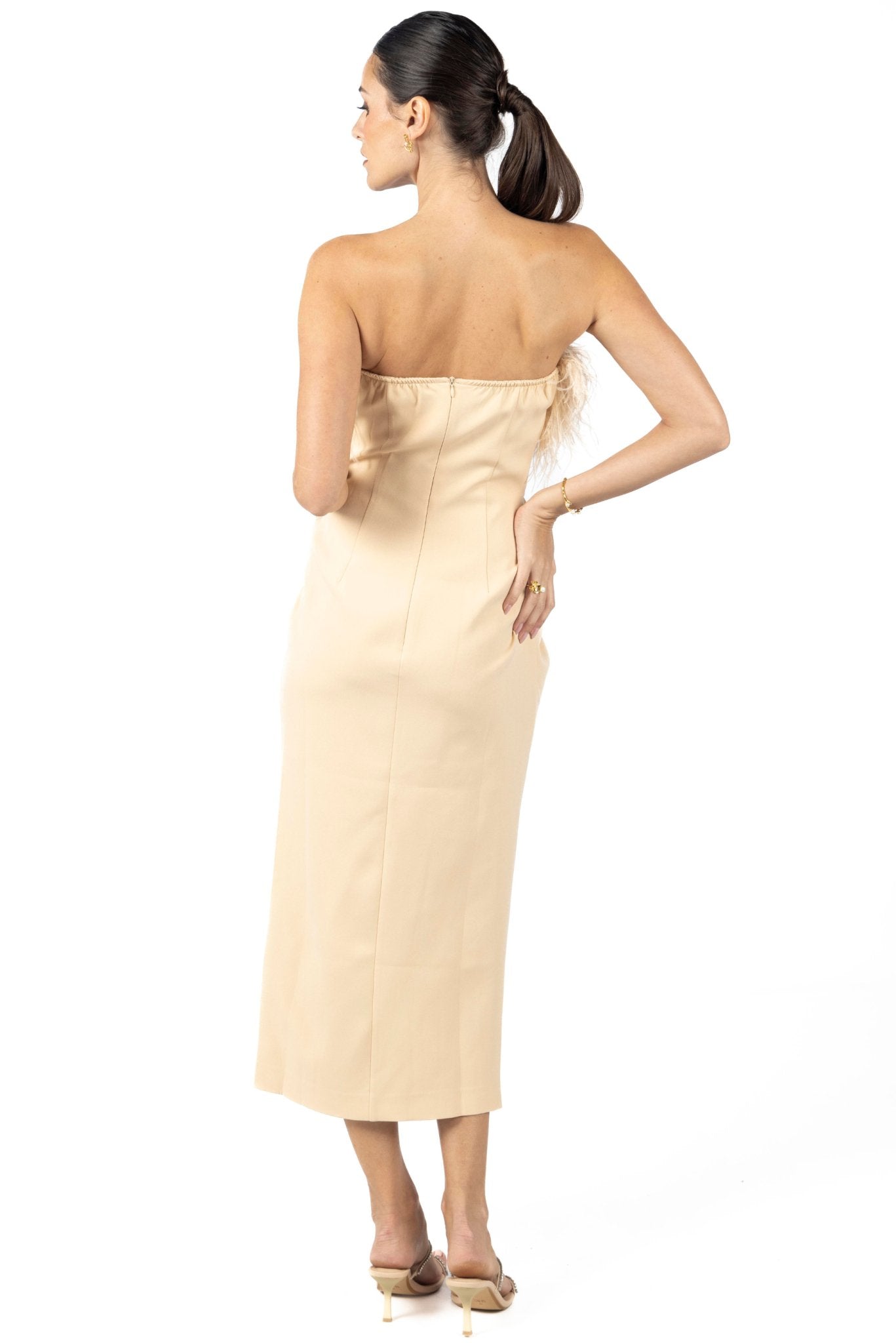Diane Midi Feather Dress Beige - Akalia