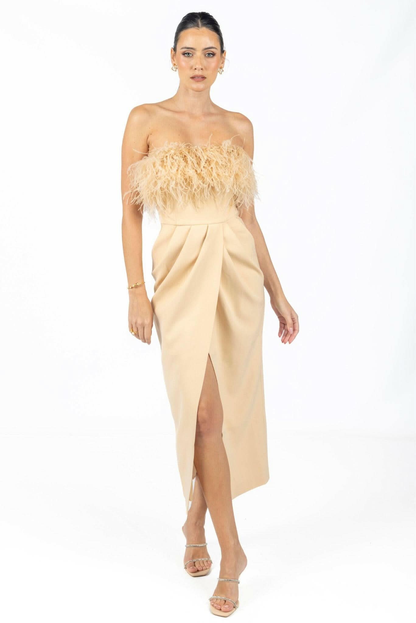 Diane Midi Feather Dress Beige - Akalia