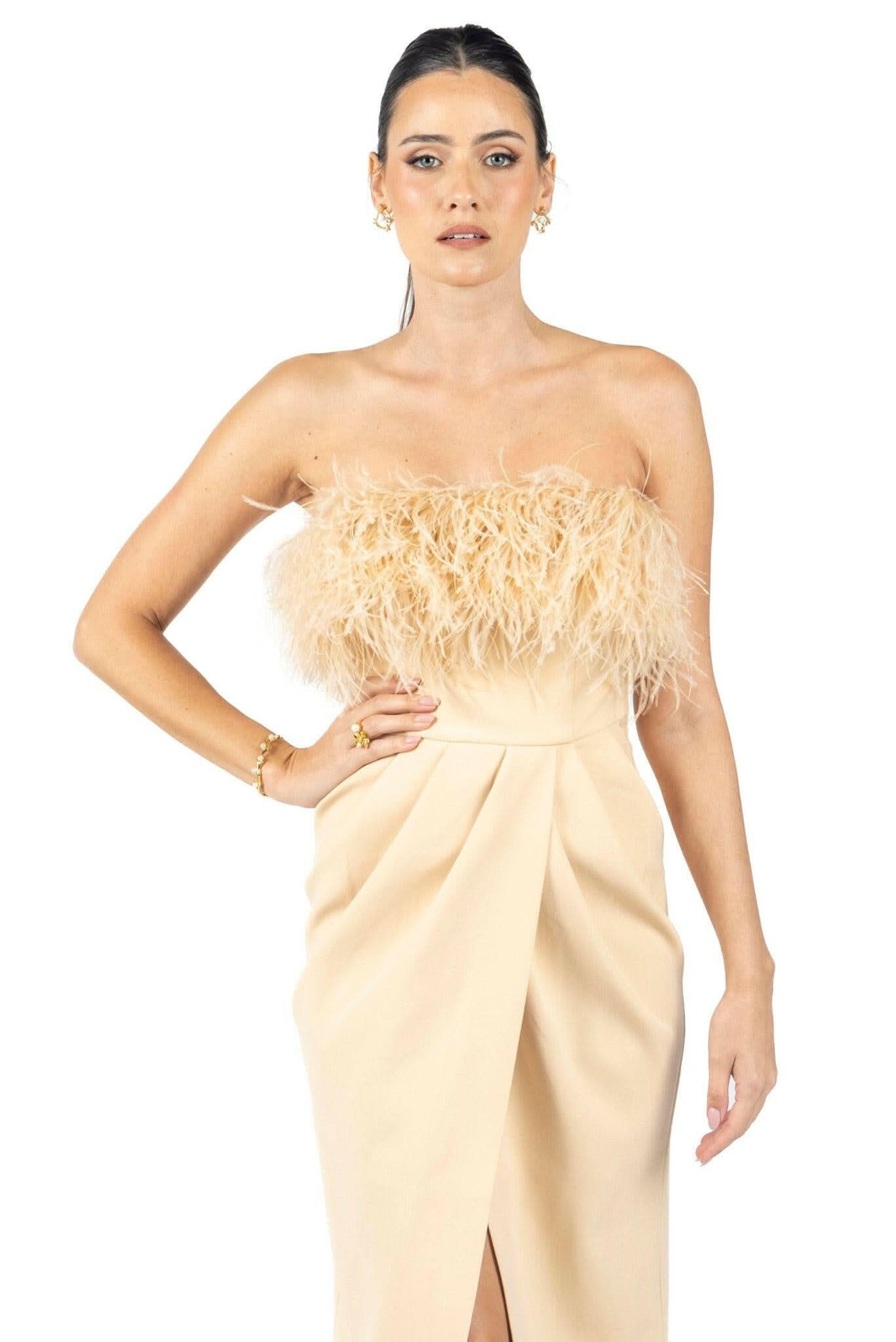 Diane Midi Feather Dress Beige - Akalia