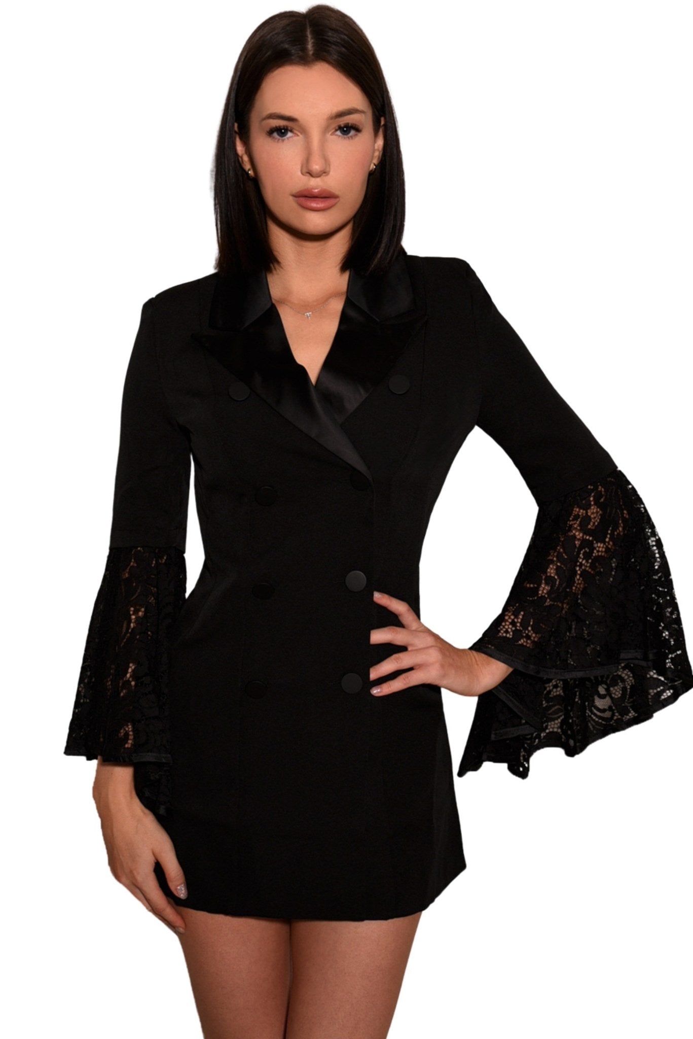 Marie Blazer Dress with Lace Sleeve Black - Akalia