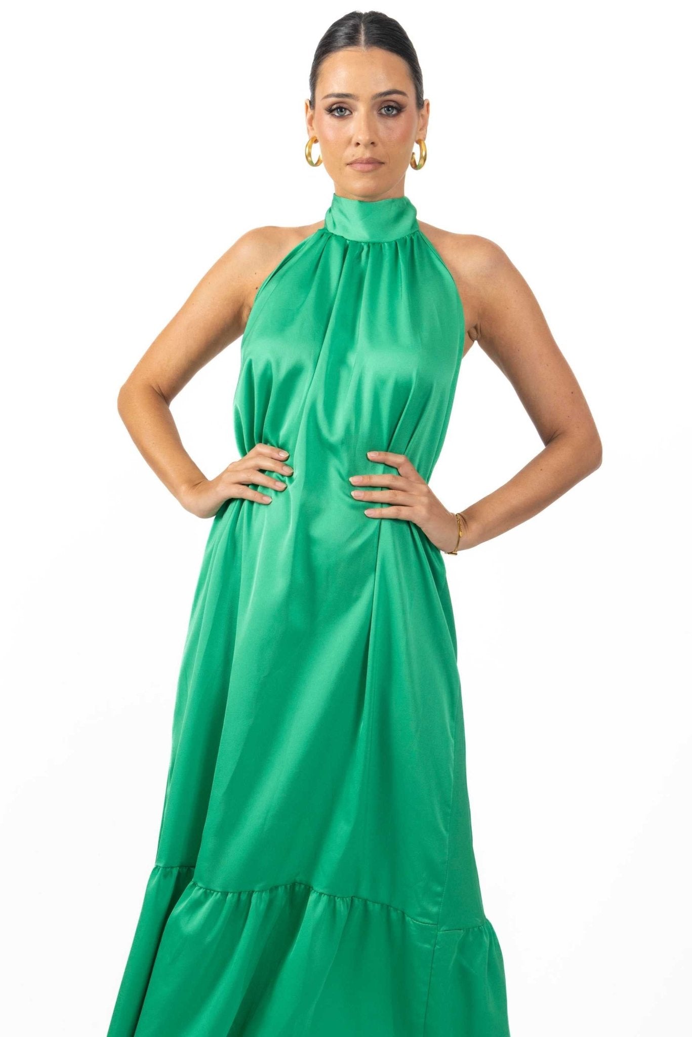Nalory Satin Silk Backless Maxi Dress In Green - Akalia