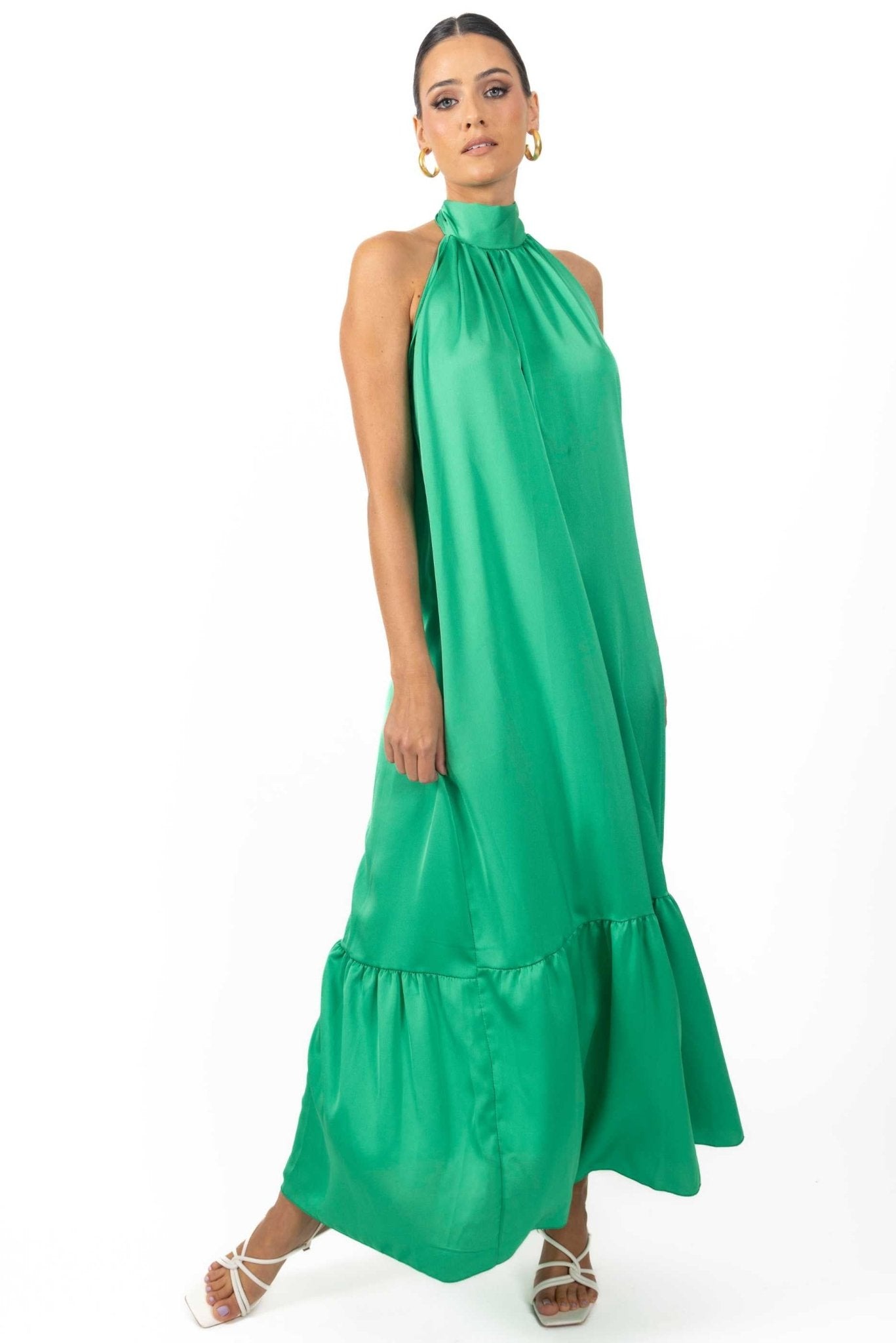 Nalory Satin Silk Backless Maxi Dress In Green - Akalia