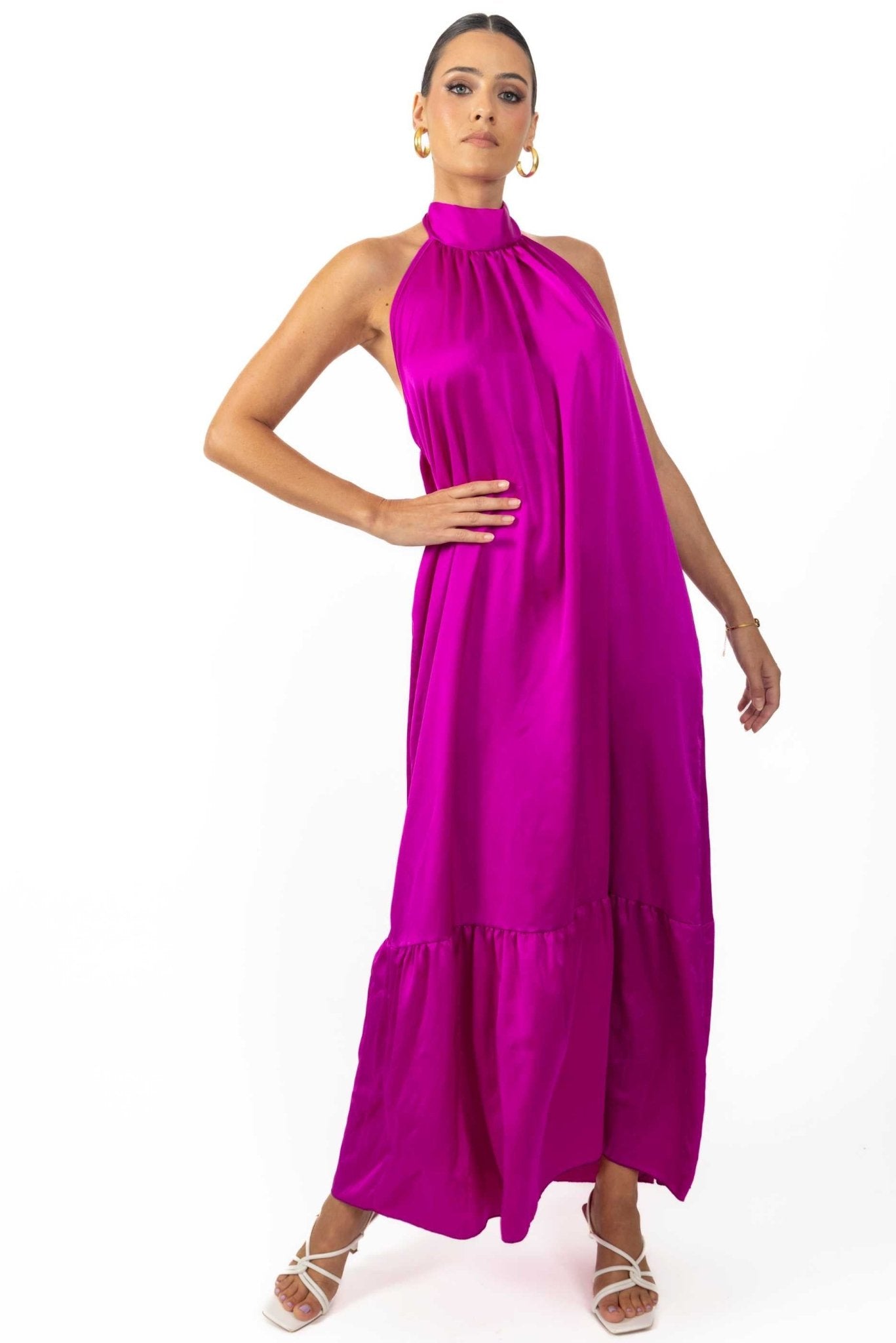Nalory Satin Silk Backless Maxi Dress In Magenta - Akalia