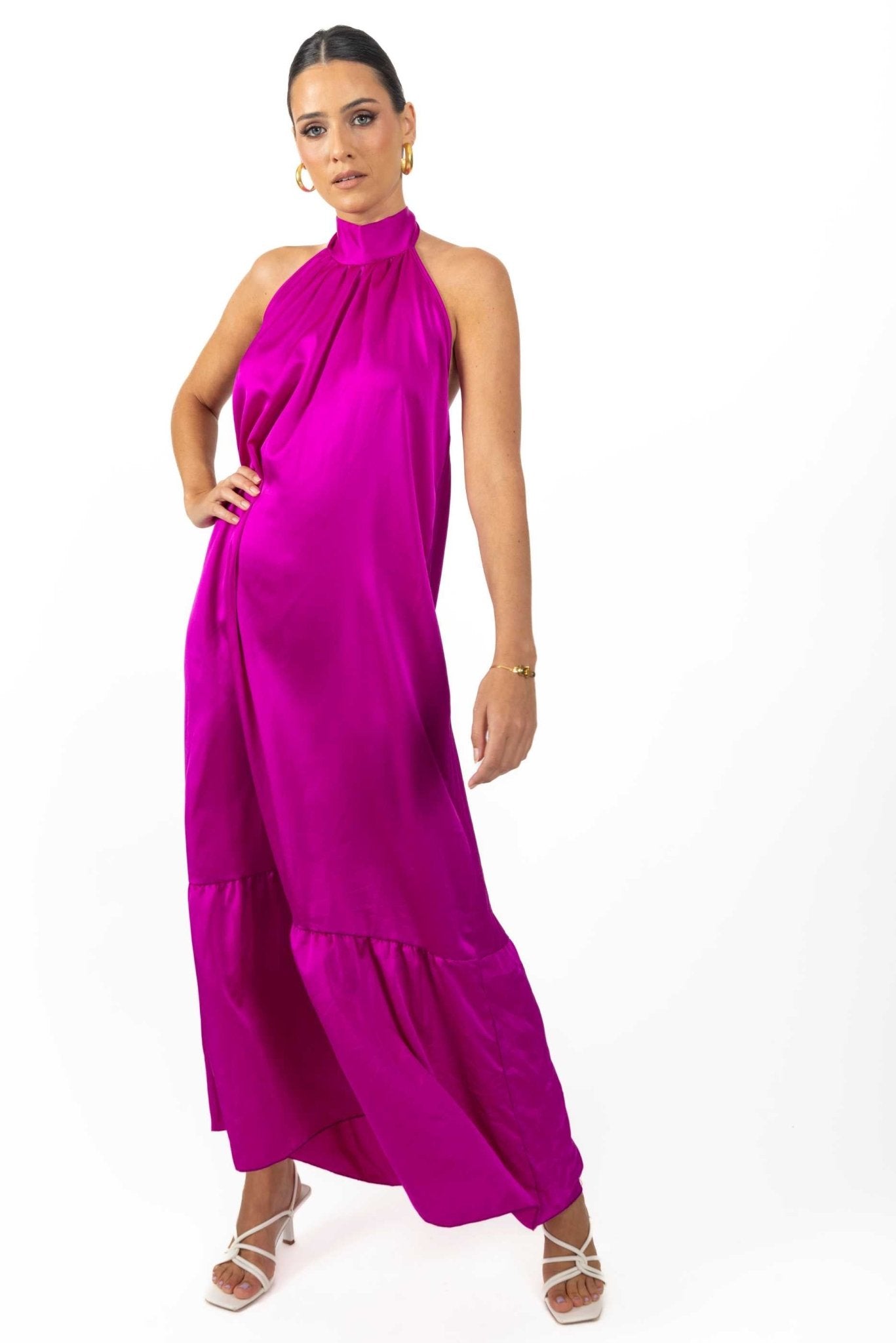 Nalory Satin Silk Backless Maxi Dress In Magenta - Akalia
