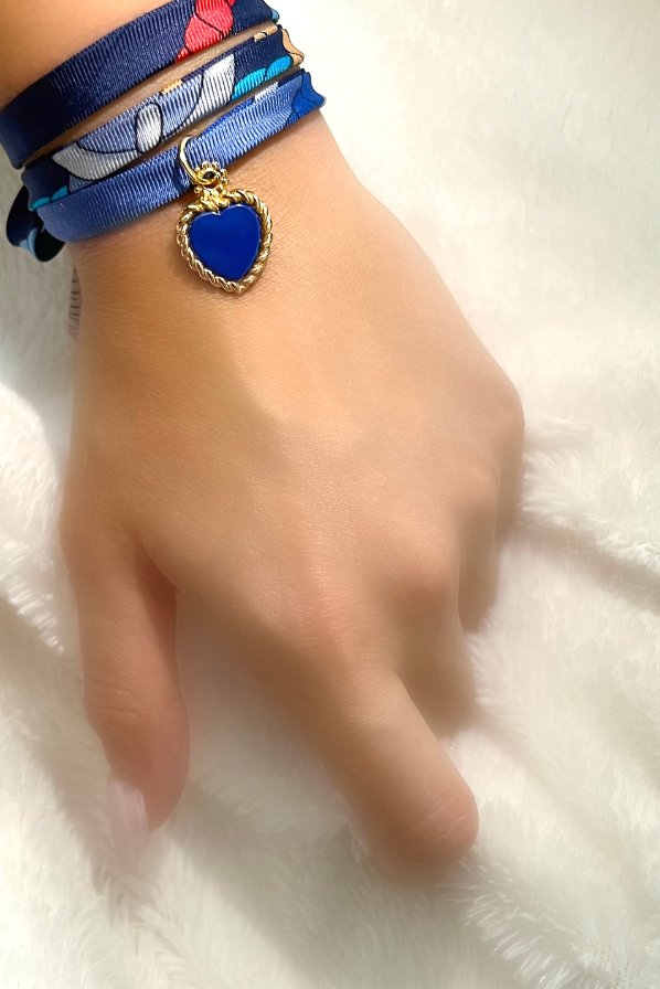 Navy Blue Hand Printed Pure Silk 925 Sterling Silver Silk Bracelet 18k Gold Plated Enamel Love Charm Women's Bracelet - Akalia