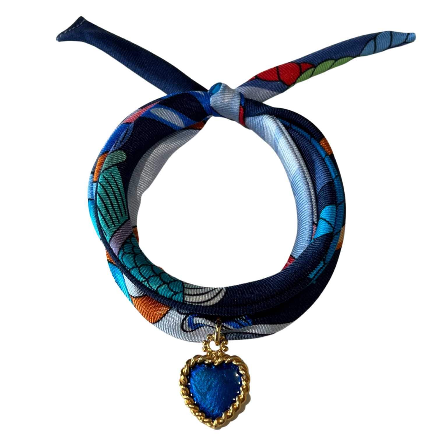 Navy Blue Printed Silk Twill Bracelet Sterling Silver Gold Plated Enamel Love Charm - Akalia