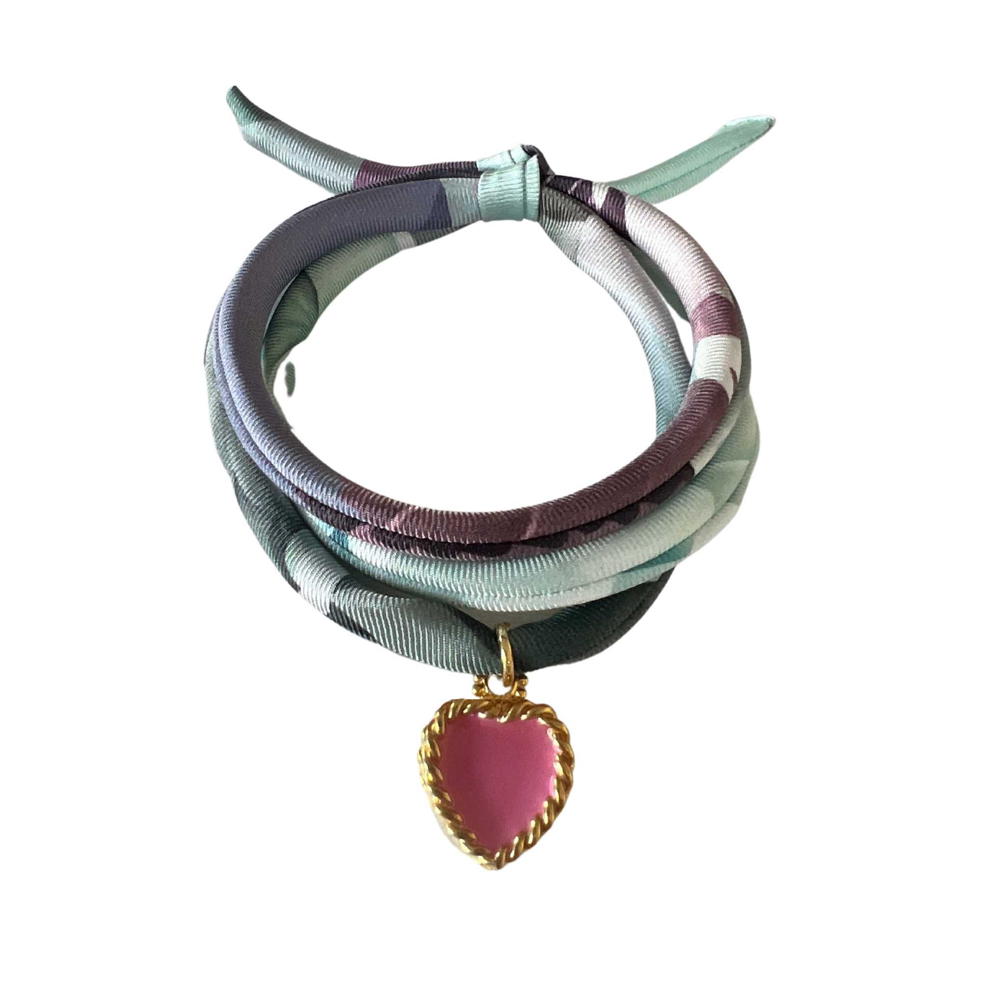 Sage Hand Printed Silk Twill Bracelet Sterling Silver Gold Plated Enamel Love Charm (Pink) - Akalia