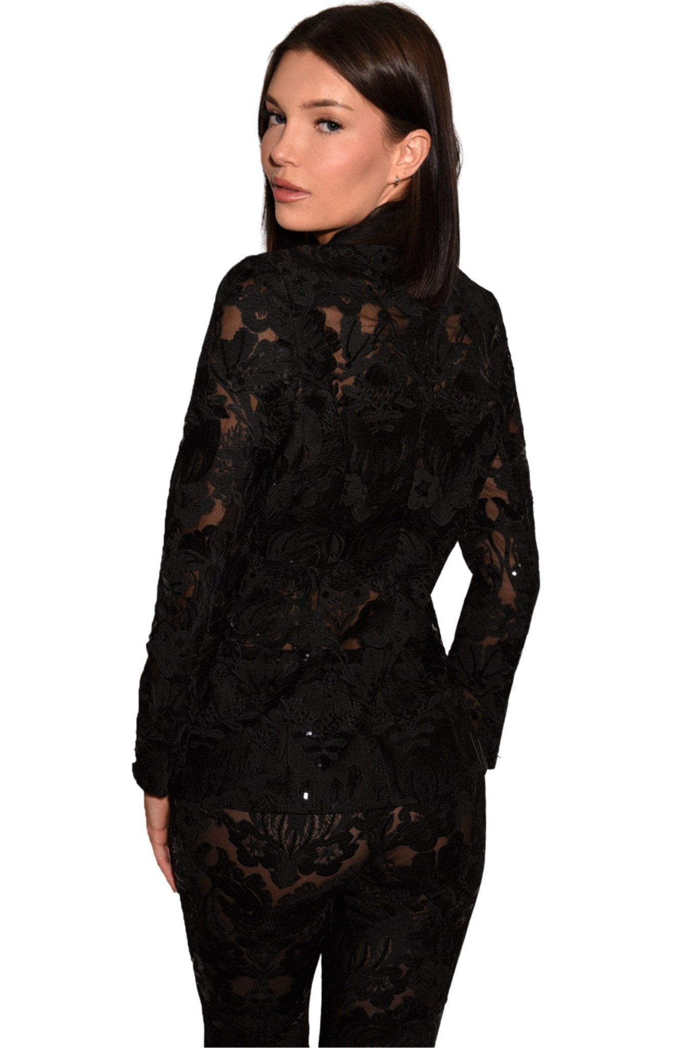 Sara Black Lace Floral Long Sleeve Blazer - Akalia