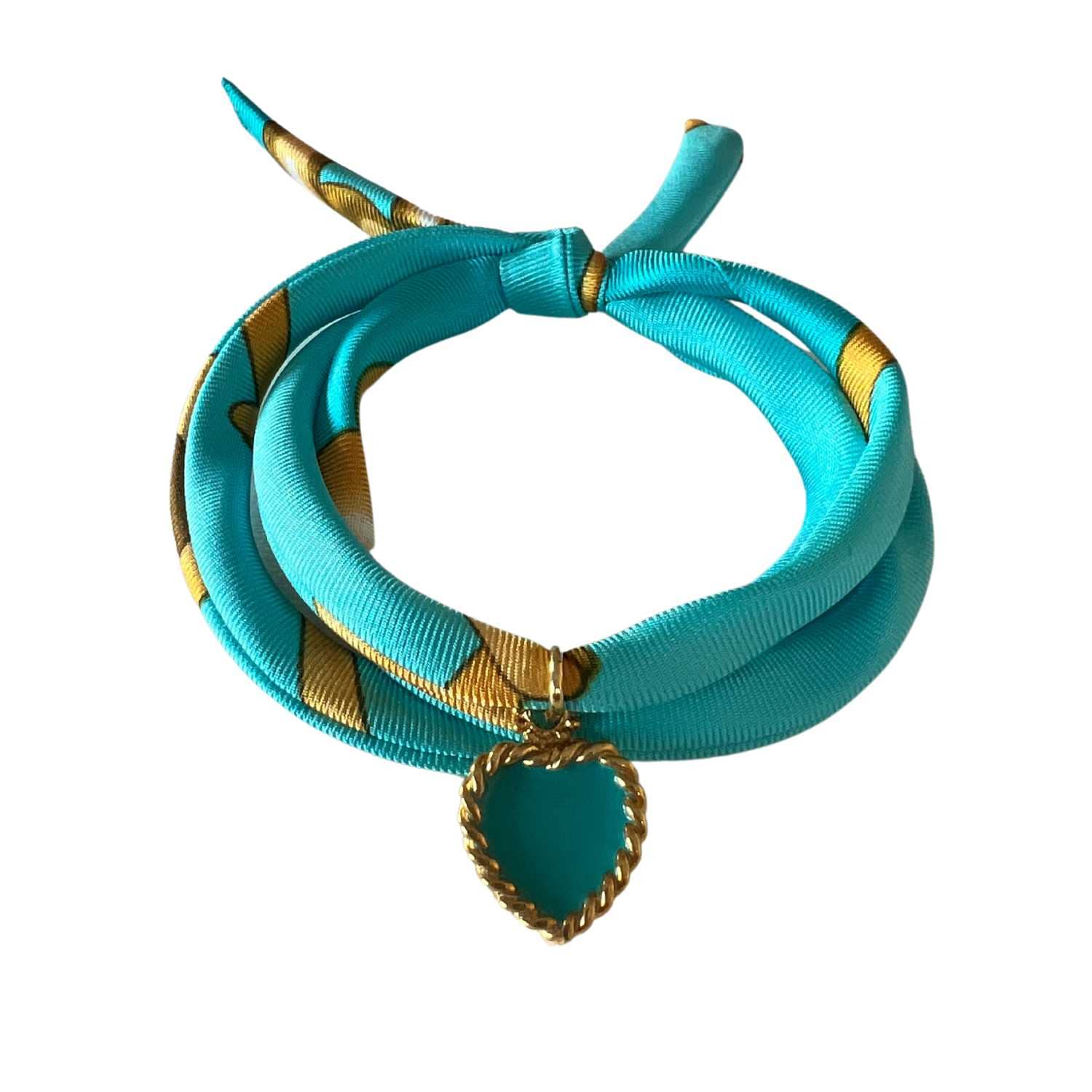 Turquoise Hand Printed Silk Twill Bracelet Sterling Silver Gold Plated Enamel Love Charm - Akalia