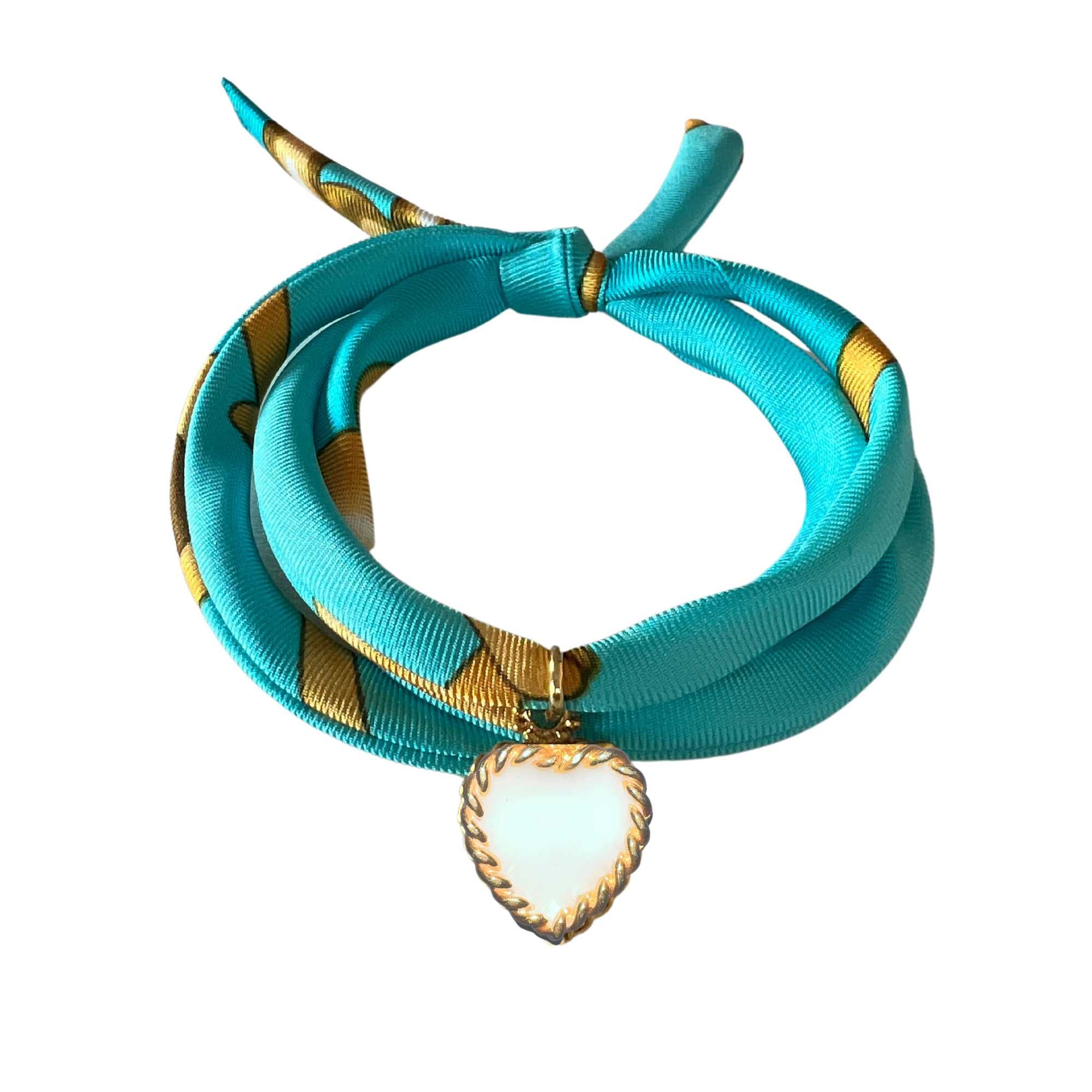 Turquoise Hand Printed Silk Twill Bracelet Sterling Silver Gold Plated Enamel Love Charm (White onxy) - Akalia