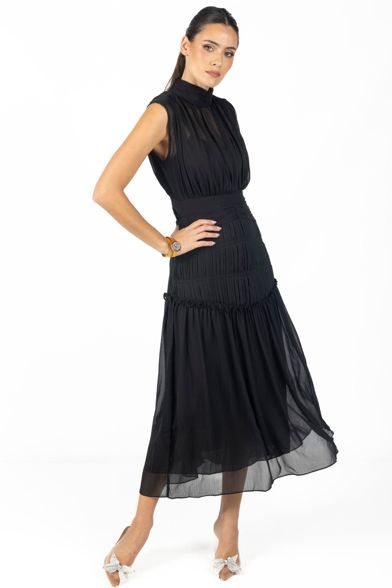 Valentina Midi Dress Black Chiffon - Akalia