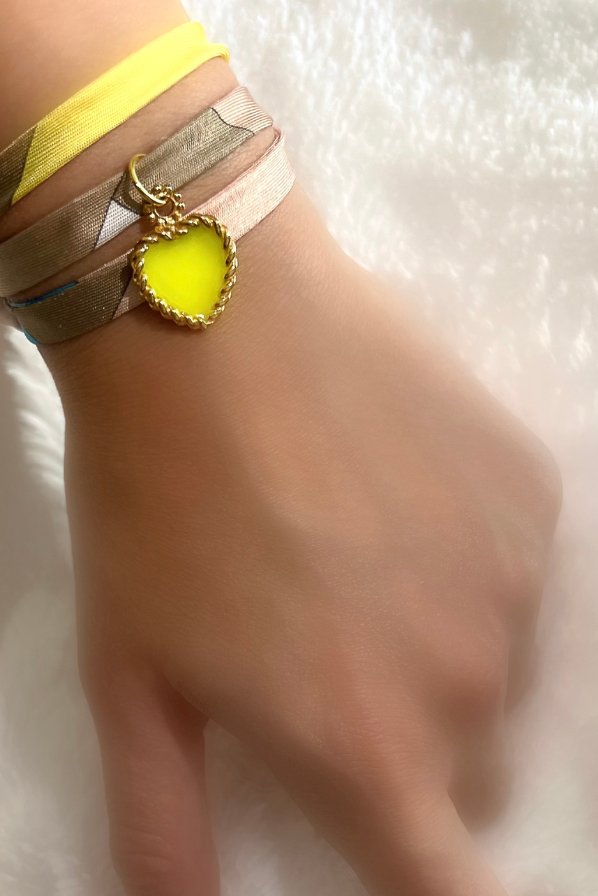 Yellow Hand Printed Pure Silk 925 Sterling Silver Silk Bracelet 18k Gold Plated Enamel Love Charm Women's Bracelet - Akalia